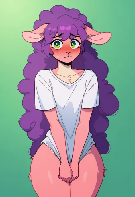 doremifaso64,masterpiece, best quality, 1femboy, anthro, woolry, wool, fluffy wool Антропоморфный баран-парень,  light skin ,  purple hair ,  green eyes,  long hair,  tousled hair , (19 years old),  thick hips , One, (green background), nervous,  shy ,  wh...