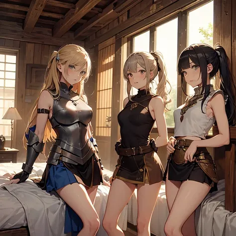 A group of  female medieval fantasy adventurers, (in bedroom), various hair styles, harem, wooden logs wall, details face, short skirt, seducing, sleeveless, armor, on bed, tied wrist 