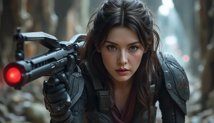 8k, UHD, Realistic, full body, Beautiful, captivating, female space marine from 20 and Back project, facial mixed of Kim Ji-won, highly detailed face, fiery and weary looked yet captivating, deep cleavage, depending the Kuiper Belt from Draconian, heavily ...