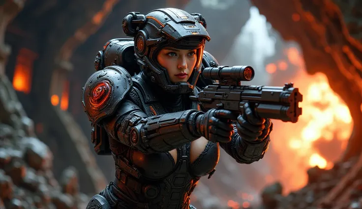 8k, UHD, Realistic, full body, Beautiful, captivating, female space marine from 20 and Back project, facial mixed of Kim Ji-won, highly detailed face, fiery and weary looked yet captivating, deep cleavage, depending the Kuiper Belt from Draconian, heavily ...