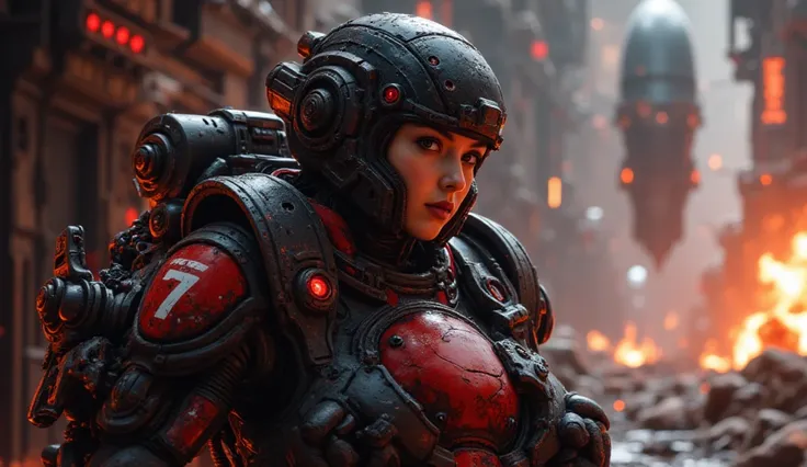 8k, UHD, Realistic, full body, Beautiful, captivating, female space marine from 20 and Back project, facial mixed of Kim Ji-won, highly detailed face, fiery and weary looked yet captivating, deep cleavage, depending the Kuiper Belt from Draconian, heavily ...