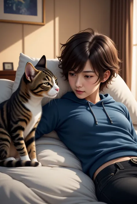 Imagine a munchkin cat with a dark brown tabby and white pattern, a Japanese man with messy hair wearing a blue hoodie and black jeans, the Japanese man sleeping on a bed, the man's body with only his head visible, the cat sniffing the man's ear next to it...