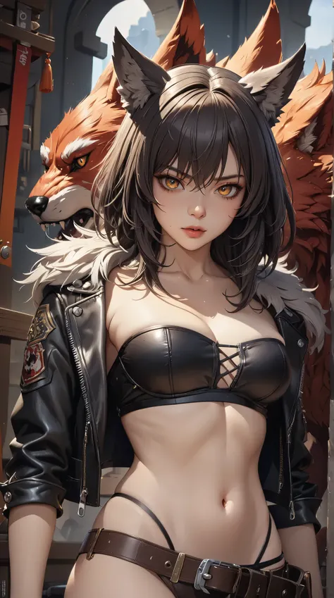 (( best quality)),( super high resolution),( very detailed),(  Detailed Help ),(( best CG )),(masterpiece),High Definition Art,( fine detail art:1.5), Female beastman, wolf ears, Beautiful Well-balanced Face , Strapless bandeau bikini,crop-top leather jack...