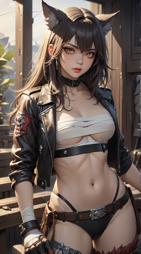 (( best quality)),( super high resolution),( very detailed),(  Detailed Help ),(( best CG )),(masterpiece),High Definition Art,( fine detail art:1.5), Female beastman, wolf ears, Beautiful Well-balanced Face , Strapless bandeau bikini,crop-top leather jack...