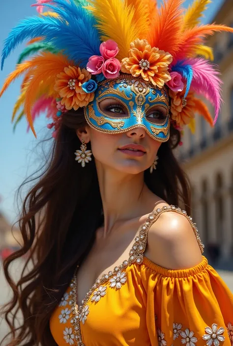 Une jeune femme à la peau claire et aux cheveux longs bruns ondulés qu'on peut voir jusqu'au hanche, portant un masque orné de plumes colorées BLEU ROSE JAUNE ORANGE, de fleurs et de bijoux. Elle est vêtue d'une tenue  vif ornée de motifs floraux d eperles...