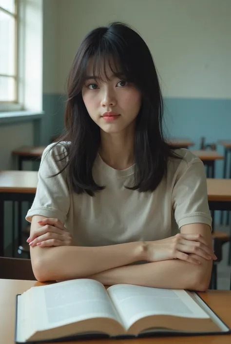 realistic woman, Korean high school students, Inside the school, studying hard, Black Hair, realistic beautiful body. incredibly absurd. naked or not wearing