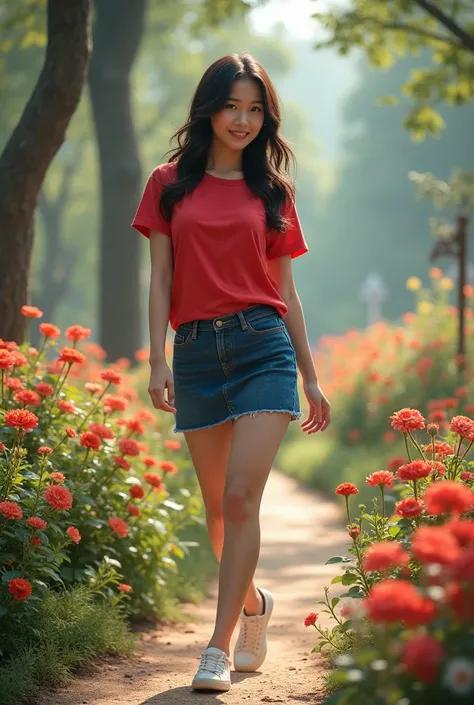 Beautiful Asian girl, 20 years old, curvy body, very large breasts, wearing a red t-shirt with a short denim suit with the left strap undone, wearing white sports shoes, Walking in a flower garden with colorful paths, beautiful trees, seen from the side, i...