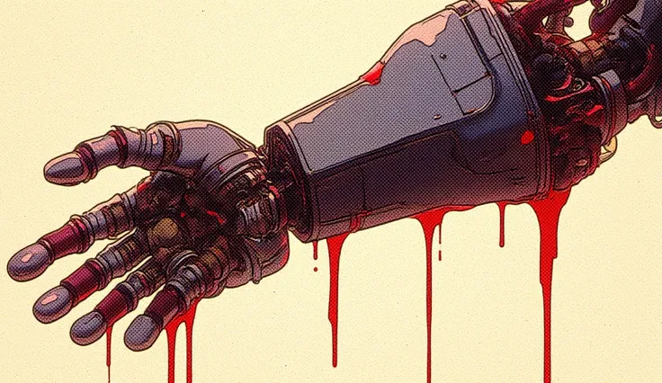 ((best quality)). Mechanical arm, ((( dripping with blood))cartoon style 80s