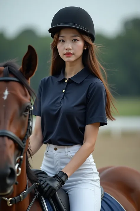 whole body,A 26 year old petite Japanese woman riding a horse,japanese,Korean style beauty,Transparency, pure white skin,Gray Eyes, cute,portrait, model, long straight hair,Split the center where you stick out your forehead, shiny mahogany brown hair, big ...