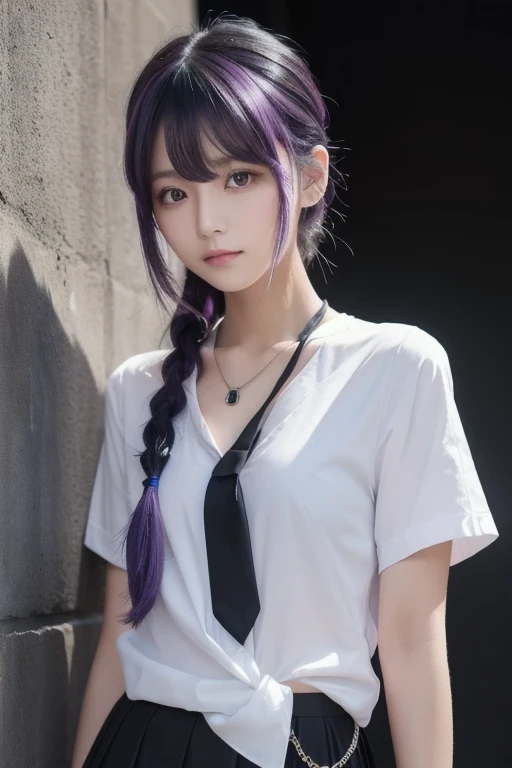 Masterpiece, 1 girl,Alone, A faint smile,  metal necklace ,  white shirt, Modern uniform ,  accessories,  purple and black two-tone hair color, Unique Hairstyle ,  stylish,  black background