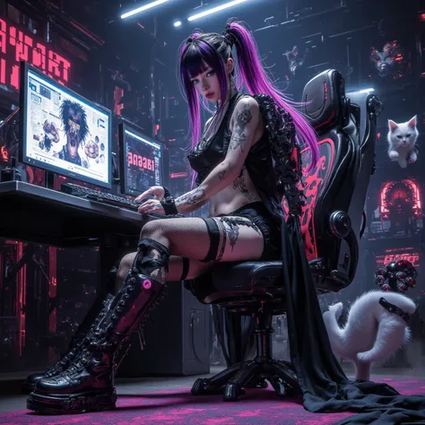  Anime screenshot , Full body, A female gothic punk, That plays a perfect gaming room. Two cats are running in the background