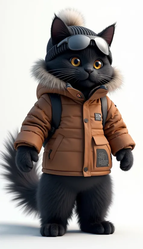   Digital fluffy black Siberian cat  ,    faces the front、Most realistic  ,  standing on its back legs .    glass,  , the 、 with a very fluffy tail on the head   , Top and side view  ,    is drawn、 snowboard sticker on his head  ,    that turns the womb in...