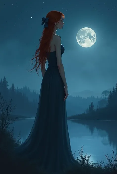 a beautiful woman, thin and tall, was facing a beautiful and calm view at night, she was sad, her hair was long red, and her hair was tied with a beautiful ribbon 