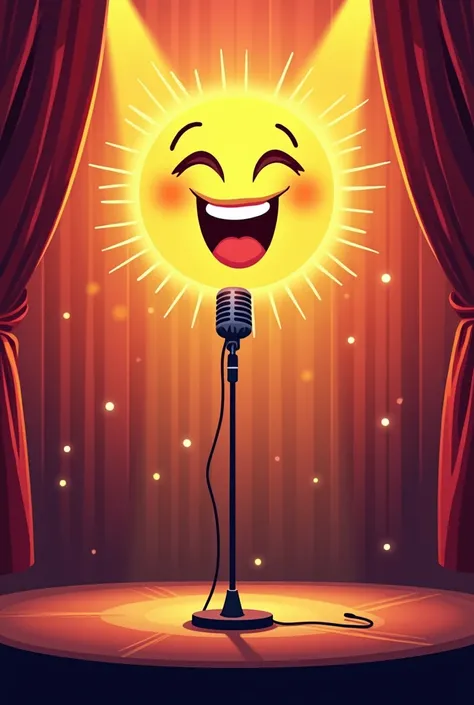 " A vibrant and fun image of a stand-up comedy scene . on stage,  there is a classic microphone on top of a pedestal , with colored lights in the background,  creating a relaxed and cheerful atmosphere .  at the city centre,  a big stylized laugh , like a ...