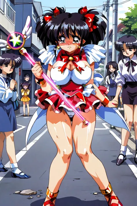 90s Style, Residential Street,  adult woman, Droopy eyes,  black hair,  Twin Tails,  Magical Girl Costumes,  magic stick, very huge tits,  big butts, Pretty short skirt,  white panties,  embarrassed to the person watching, blush, defeat,  with my leg broke...