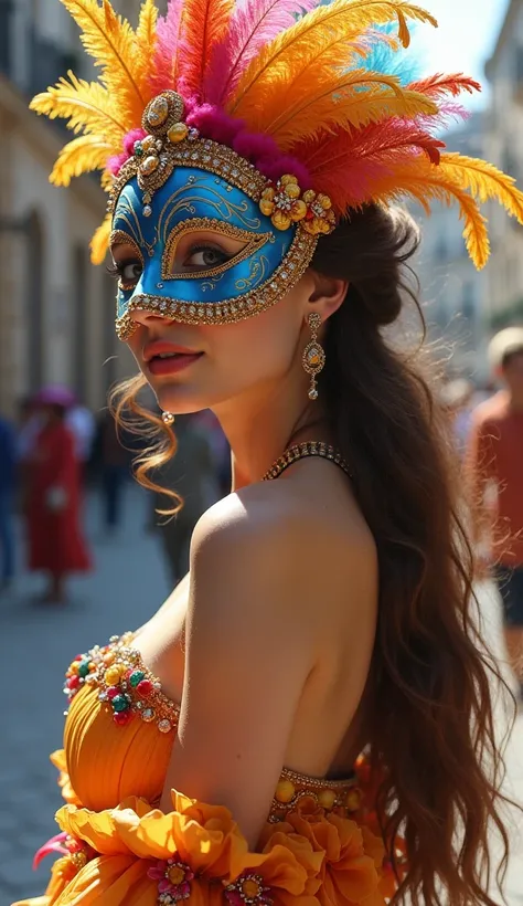 Une jeune femme à la peau claire et aux cheveux longs bruns ondulés qu'on peut voir jusqu'au hanche, portant un masque orné de plumes colorées BLEU ROSE JAUNE ORANGE, de fleurs et de bijoux. Elle est vêtue d'une tenue  vif ornée de motifs floraux d eperles...