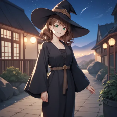  anime-style 、 cute、night sky, night, Rocky Mountain、score_9, score_8_up , score_7_up , score_6_up , score_5_up , score_4_up ,  1girl , brown hair, medium hair, flipped hair, Wispy bangs , green eyes, black witch hat, green sorceress robe