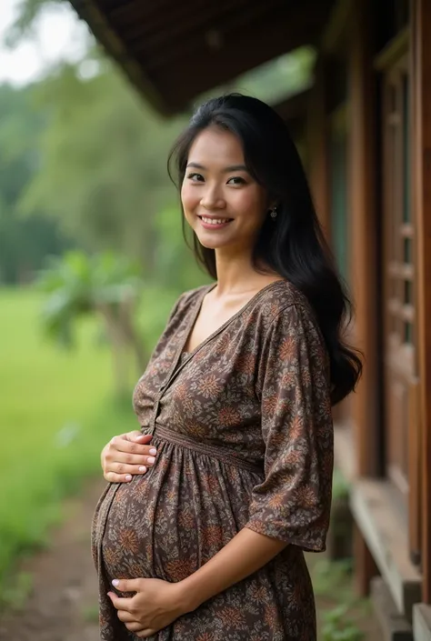 "A close-up cinematic portrait of a beautiful Indonesian woman named Alya. She has delicate features, warm eyes, and a soft smile. She is gently holding her pregnant belly while standing near a traditional wooden house. Alya wears a modest batik dress with...