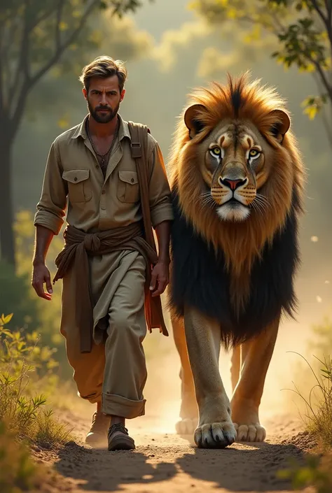 A man walking with a lion 