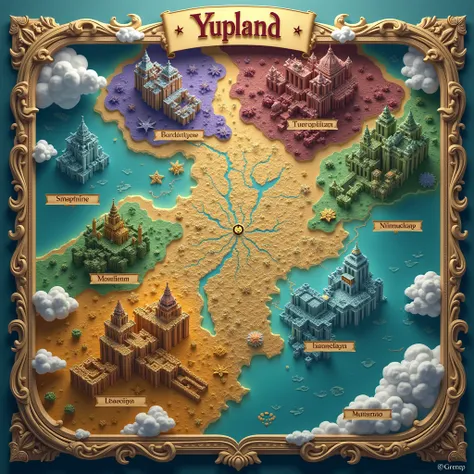 A large-scale three-dimensional magical map with the inscription "Yupland", which includes eight kingdoms: Turquoise - Atlantis, Amethyst - Elysium, Sapphire - Midgard, Emerald
 - Shambola, Ruby - Lemuria, Silver, Gold and Hyacinth. Each kingdom has a sign...