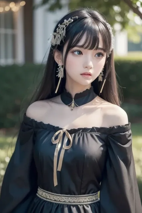  best quality , ( photorealistic:1.2),  1 girl, Alone,  detailed color,  focus on face ,  standing,  black hair,( hair ornament :1.35),OL,  ribbon trimming sleeve ,  detachable sleeves , Ribbon trim,  wide sleeve, ( viewers:1.5)  long hair,  ブラックアイズ, bangs...