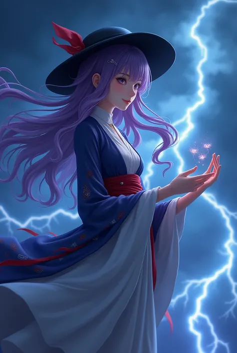  A gentle and elegant woman with long flowing purple hair that ripples like the wind。She wears an outfit that looks like a sophisticated deep blue and crimson dress based on white、 is adorned with a pattern similar to waves and lightning 。A large black hat...