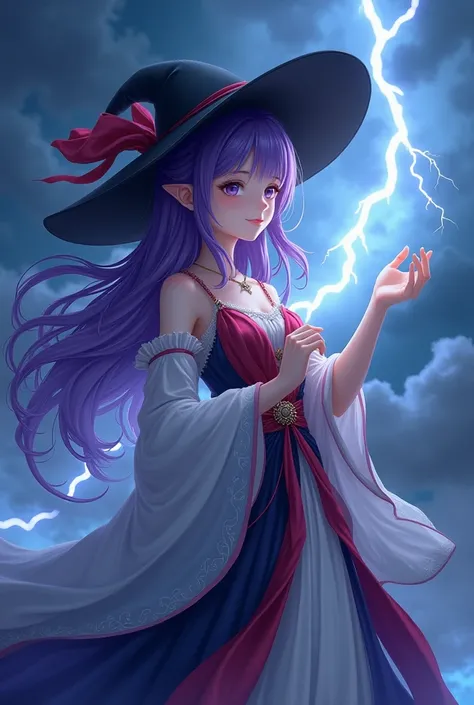  A gentle and elegant woman with long flowing purple hair that ripples like the wind。She wears an outfit that looks like a sophisticated deep blue and crimson dress based on white、 is adorned with a pattern similar to waves and lightning 。A large black hat...