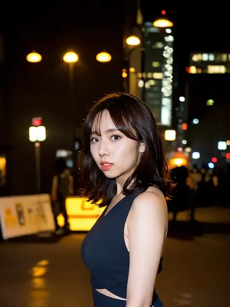 A confident young woman, short black hair, standing on a rooftop, (head-on view, upper-body shot, centered composition), wide-angle shot, cityscape with glowing neon lights in the background, ultra-detailed, cinematic lighting, spotlight, soft shadows, 8k ...