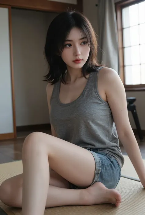 15-year-old girl,  black hair that reaches the shoulders, ( thin eyebrows),  oversized grey tank top,  gray t-shirt ,  denim shorts ,  barefoot, ( big breasts), (( diverts gaze)),  symmetrical eyes,  is sitting,  wariza,   full body shot , Japanese-style r...