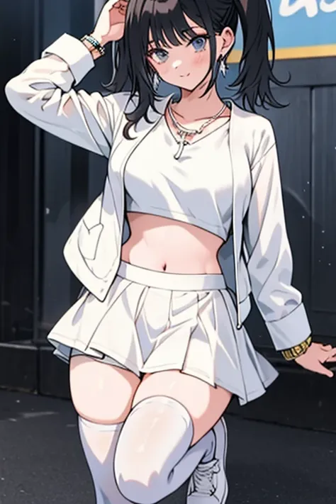 best quality, anime screencap, 1girl, solo, black hair, very long hair, twintails, large breasts, white short,shorts,miniskirt,bracelet,white jacket, white footwear,long sleeves,navel,midriff,crop top, white skirt, white shirt,necklace,jewelry, thighhighs ...