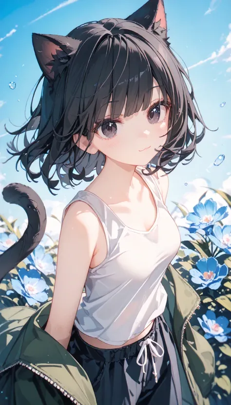 1girl, black eyes, Black Hair (blue gradient), blunt bangs, short Hair, curly hair, Cat ears and tail, medium Breast, tank top, wide pants, 2 cat tails, cool face, techwears, masterpiece, best quality, Perfect details, perfect composition, flower pettern,