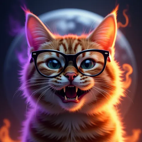  A beautiful cat with wide glasses with a mother-in-law,  with an angry and burning purple flame, against the background of planet Earth burning with fire. Cat face close-up. The cat's gaze must look very angry. VERY ANGRY !!!!  He should grin and show his...