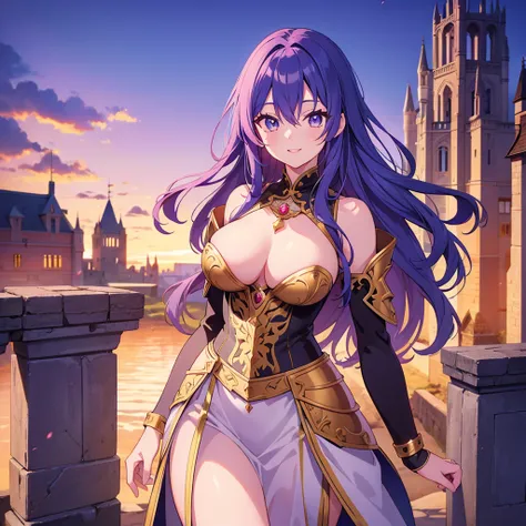  woman in medieval holy knight costume 、 wearing colorful hair and elaborate armor,  attention to beautiful details,  Beautiful Lip Details ,  very detailed目と顔, long eyelashes, Accurate Fingers,  is standing, smile, Medieval town with castle in background ...