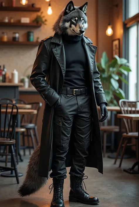  Ultra realistic full body art of a fully grown adult skinny slim dark grey male anthro wolf with a big bushy tail, some fur on his hands and claws on his fingers and blue eyes and wearing a black leather trench coat, a black turtle neck, black cargo pants...