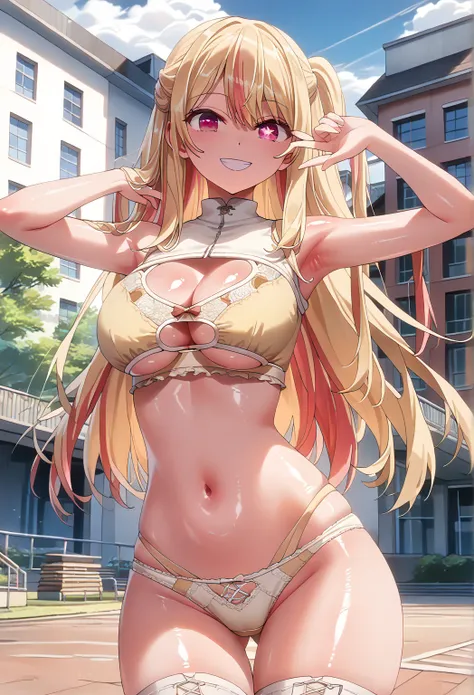 ruby hoshino, long hair, bangs, blonde hair, pink eyes, sidelocks, symbol-shaped pupils, multicolored hair, two-tone hair, madium breasts, (light yellow bra, detailed laced bra, panties, detailed panties:1.2), (cutout breast hole:1.2), front g-strings, cle...