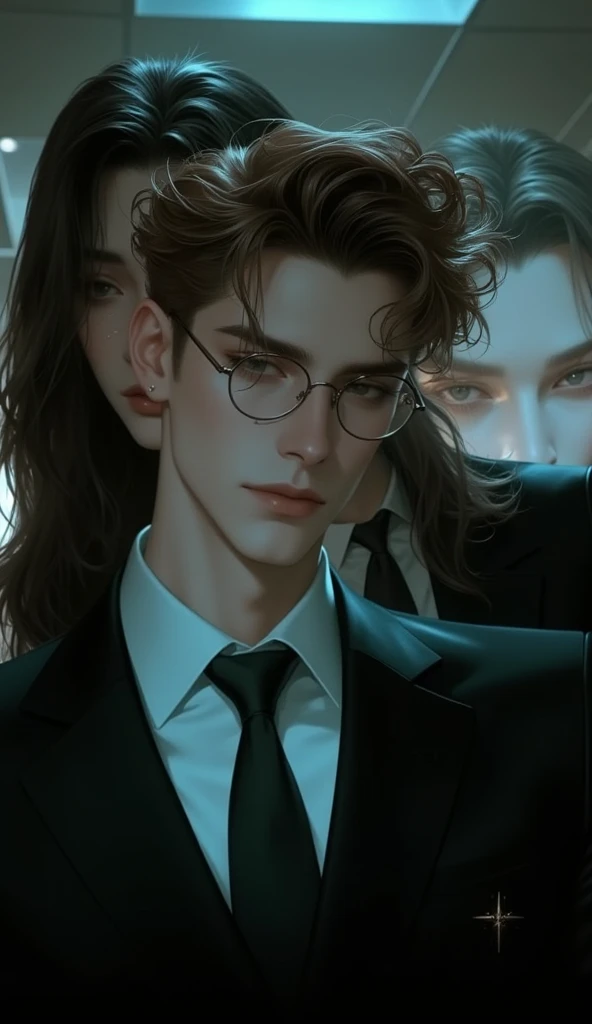 young man, a CEO who looks a genius, brown-haired, wearing reading glasses, wearing slim fit formal wear,   behind him is a beautiful woman with a mysterious look, watching him , nighttime shades , Fog Effect.