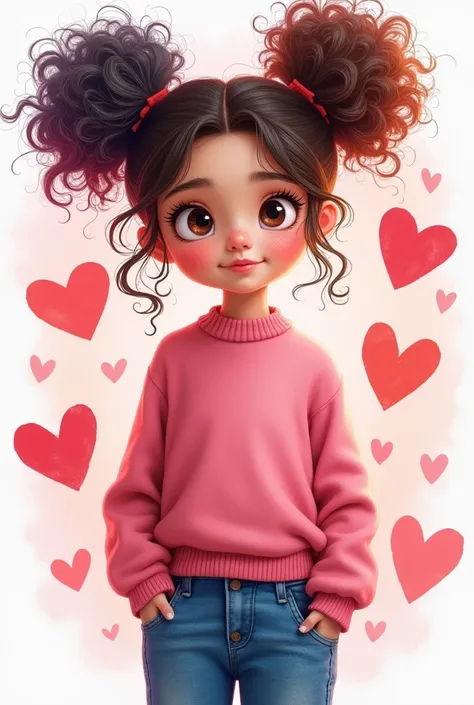 Create an image of a cool girl with whimsical shapes, curly multi-colored hair in two ponytails, a pink sweater, blue jeans, surrounded by hearts. She looks in love. The background is in watercolor style and has a red glow.