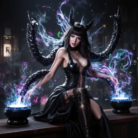 Screenshot,  sexy full body , A female gothic punk very sexy and erotic,  cooks with a kettle with magical colorful particles and gas, That emerges from the boiler ,Cook in the kitchen