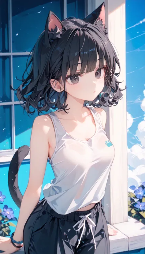 1girl, black eyes, Black Hair (blue gradient), blunt bangs, short Hair, curly hair, Cat ears and tail, medium Breast, tank top, wide pants, 2 cat tails, cool face, techwears, masterpiece, best quality, Perfect details, perfect composition, flower pettern,