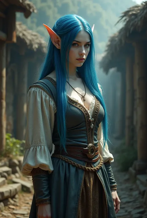 Upper body shot, female, pointy elf ears, white skin, blue velvet hair, closed mouth, rustic medieval peasant outfit, dynamic pose, complex fantasy character, NSFW, cinematic lighting, fantasy, magic, detailed background, in a small rustic medieval village...