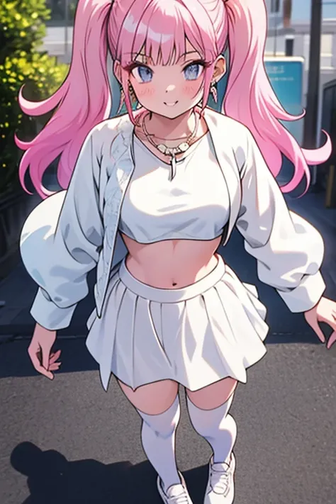 best quality, anime screencap, 1girl, solo, pink hair, very long hair, twintails, large breasts, white short,shorts,miniskirt,bracelet,white jacket, white footwear,long sleeves,navel,midriff,crop top, white skirt, white shirt,necklace,jewelry, thighhighs ,...