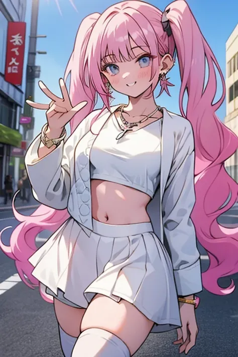 best quality, anime screencap, 1girl, solo, pink hair, very long hair, twintails, large breasts, white short,shorts,miniskirt,bracelet,white jacket, white footwear,long sleeves,navel,midriff,crop top, white skirt, white shirt,necklace,jewelry, thighhighs ,...