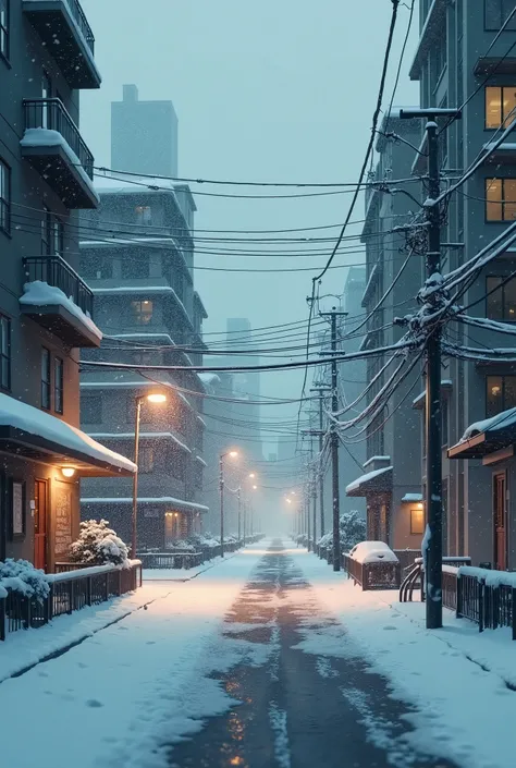 A city with Lofi effect, anime, quiet, winter, snow storm 