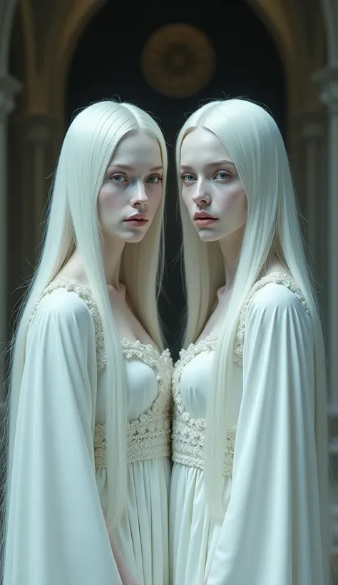  Cinematic Stills,albino、Twin women、 pure white hair 、Medieval white clothes