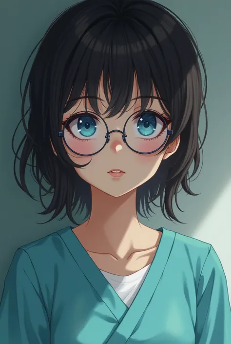  A girl in a medical gown, with brown dark hair , with bangs and blue eyes and round glasses 