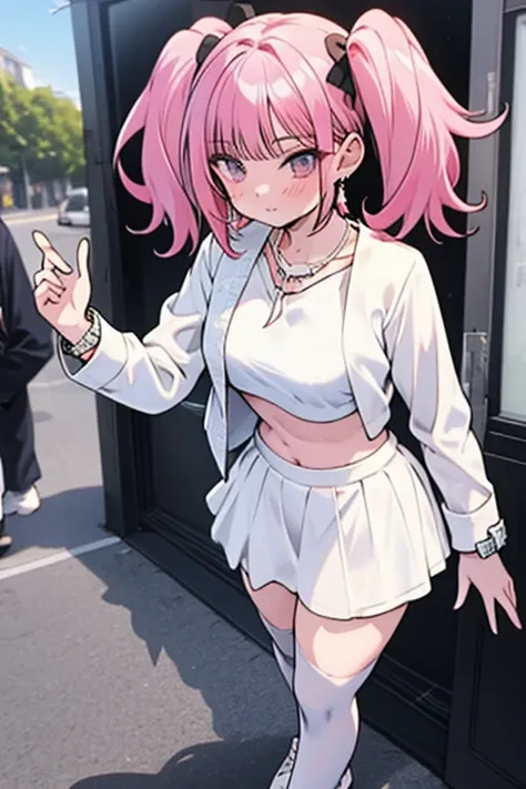 best quality, anime screencap, 1girl, solo, pink hair, very long hair, twintails, large breasts, white short,shorts,miniskirt,bracelet,white jacket, white footwear,long sleeves,navel,midriff,crop top, white skirt, white shirt,necklace,jewelry, thighhighs ,...