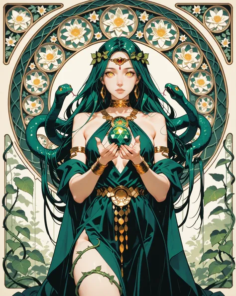  masterpiece, best quality, vibrant, very aesthetic, high contrast, semi realistic, latest, art_nouveau, medusa theme, full_body, elegant female, serpentine_hair with living_snakes, holding a snake in her hands, adorned with gold and emerald_jewelry, hypno...