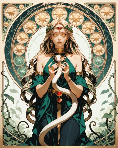  masterpiece, best quality, vibrant, very aesthetic, high contrast, semi realistic, latest, art_nouveau, medusa theme, full_body, elegant female, serpentine_hair with living_snakes, holding a snake in her hands, adorned with gold and emerald_jewelry, hypno...