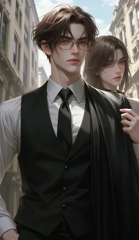 young man, a CEO who looks a genius, brown-haired, wearing reading glasses, Slimfit formal dress and black vest,  and there is a figure of a beautiful woman with a mysterious gaze, background of a luxury building,  full body image , full body.