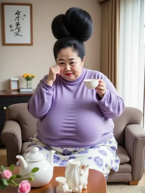  A mature woman with a huge hair bun is brewing tea in the living room,slouch,Her huge saggy breasts are saggy ,purple high neck sweater,white floral skirt,8k, top quality, masterpiece, super high resolution ,(masterpiece:1.6, top quality), Intricate Detai...